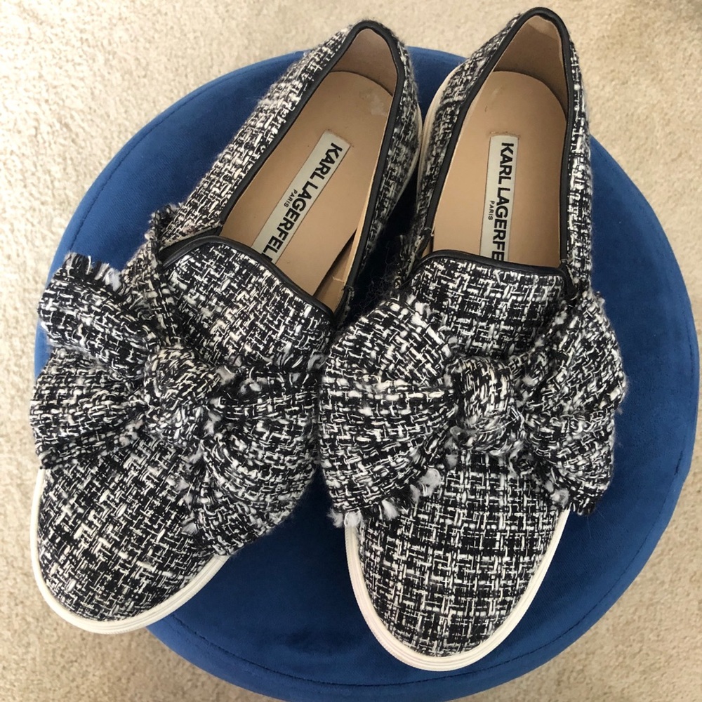 Karl Lagerfeld Paris black & white w/silver lurex bouclé tweed slip on sneaker